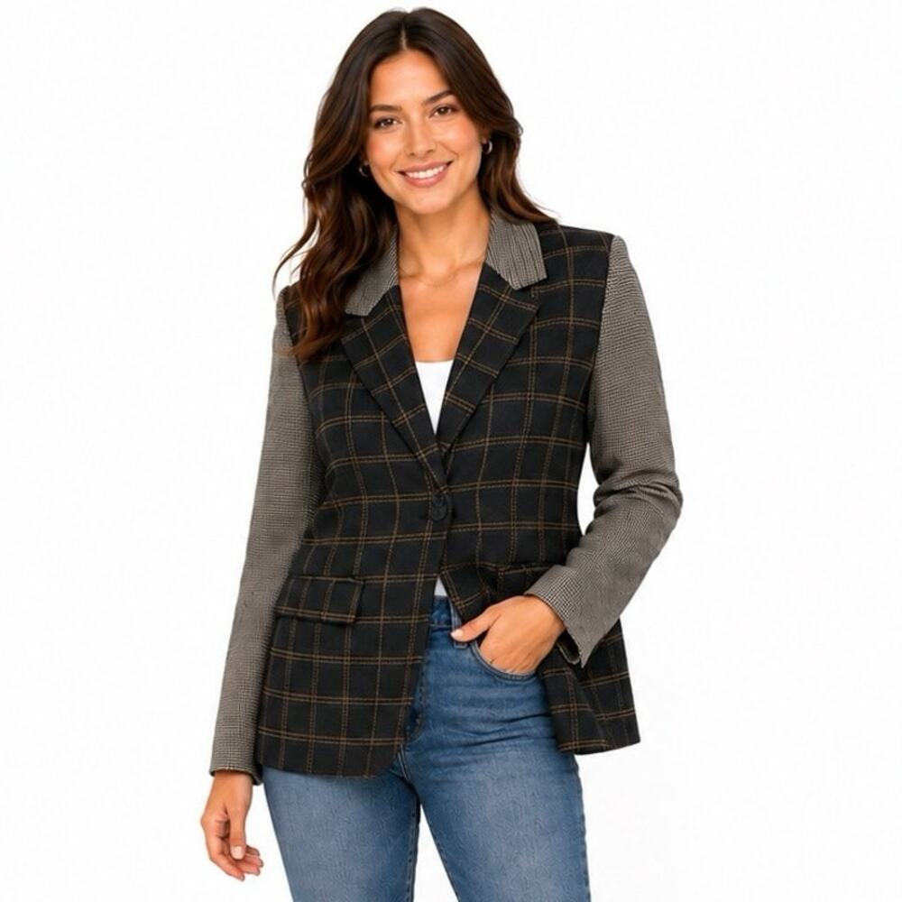 NEW Blazer Plaid Mix Preppy Size 36 US M Long Jacket  Black Soft Stretchy